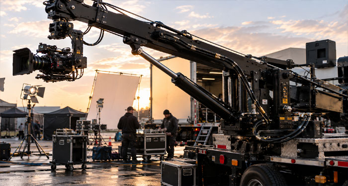 Hydraulic camera crane and engineering equipment on a film production set